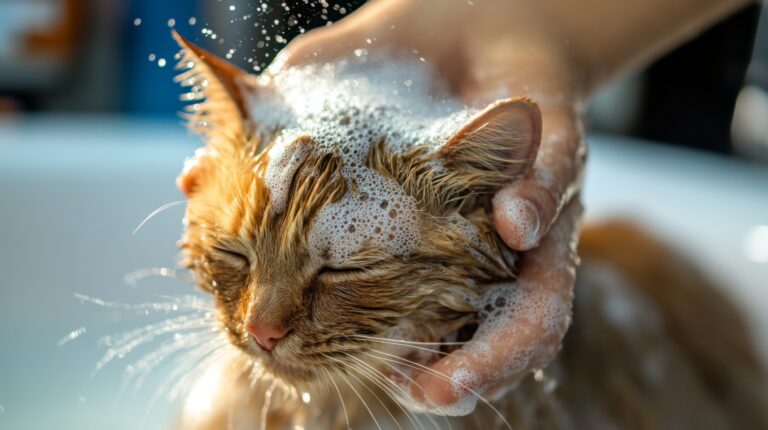 A cat being bathed in a pet grooming salon, with a professional groomer using gentle techniques to ensure the cat comfort during the bath.